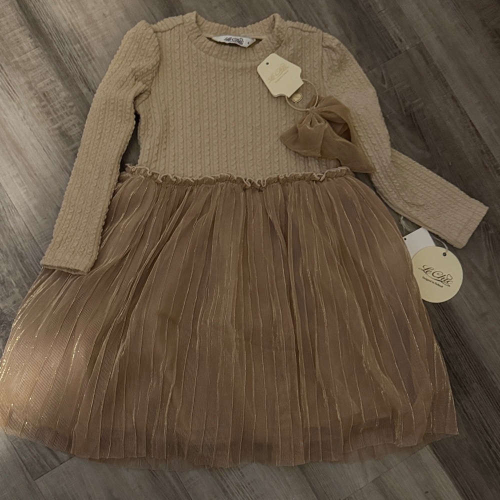 Chic Beige and Gold Kids Casual Dress